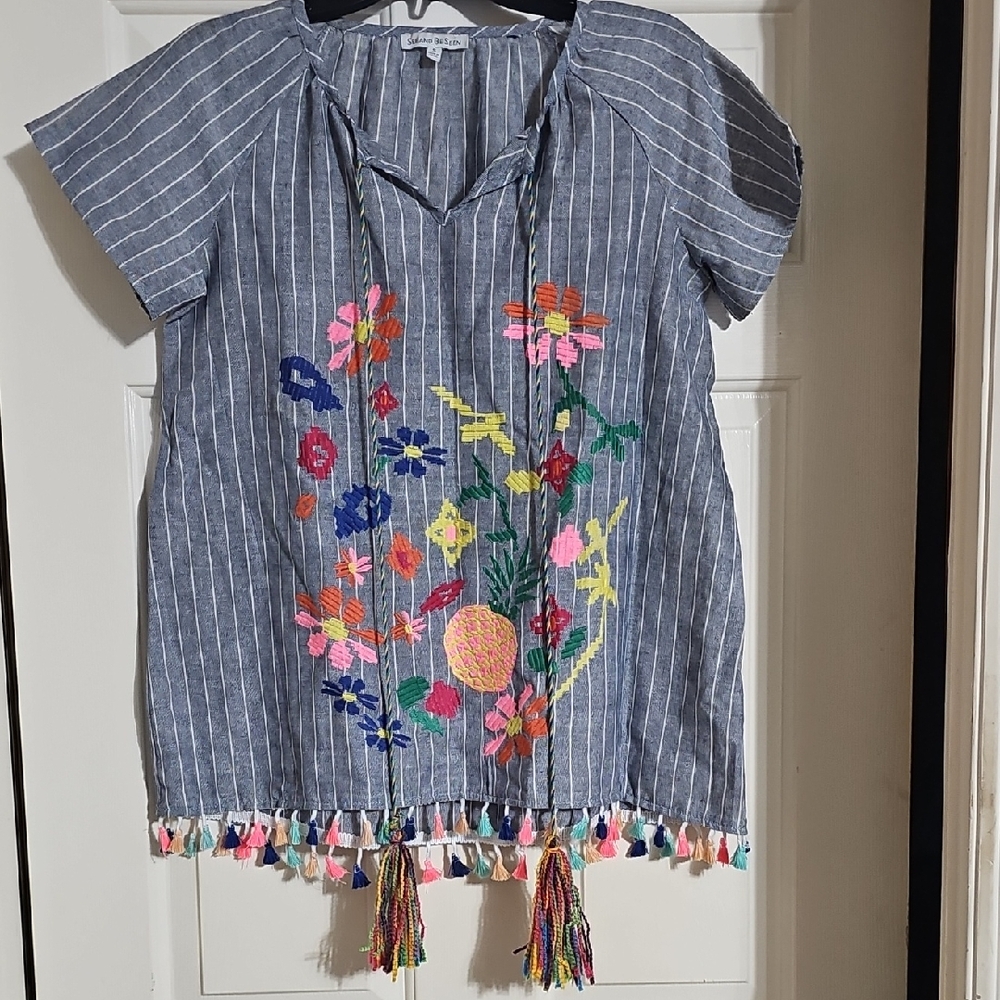 Striped Blue Blouse with Colorful Embroidery